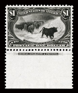 292, $1.00 Trans-Mississippi, bottom sheet-margin imprint example, featuring extraordinarily large and wonderfully well balanced margins all around, intensely rich color, while
its impression is incredibly detailed on brilliantly white paper whi