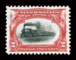 295, 2c Pan-American, incredibly well centered amid huge margins which are almost never encountered on this or any other value from the Pan-American series, eye-arresting colors
that are extraordinarily intense and are wonderfully contrasted by
