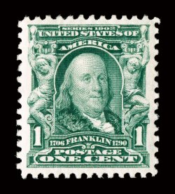 300, 1c Blue green, mathematically precise centering, with unusually wide and balanced margins all around, strong color and a razor-sharp impression on bright paper, immaculate
o.g., n.h., extremely fine a superb gem for the perfectionist PSE