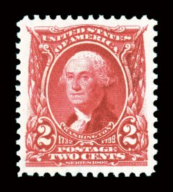 301, 2c Carmine, magnificent mint single, absolutely perfect centering amid incredibly wide margins, eye-arresting radiant color and a deeply etched impression, immaculate o.g.
without a single bend or skip, n.h., superb.There is no question t