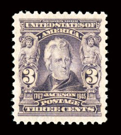 302, 3c Bright violet, a fabulous quality mint example, boasting margins of enormous size and being, quite remarkably, perfectly centered within them, bright color and a highly
detailed impression, immaculate o.g. without a single gum bend or sk