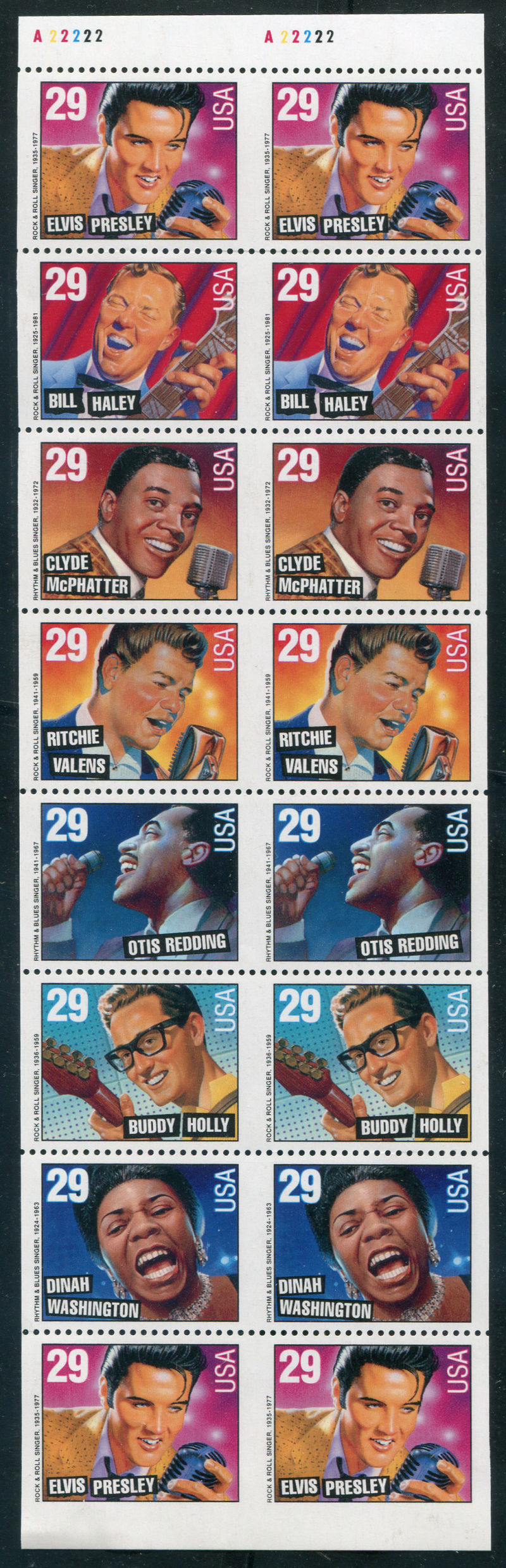 Elvis Presley Strip of 4 Otis Redding Rock & Roll  and Rhythm  and Blues  Postage Stamps Buddy Holiday Dinah Washington,