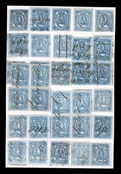 6, 1868 50c Blue, an important and rare used plate reconstruction of this rare Condor value, included in this are three blocks of four which represent the only recorded used
multiples of the 50c Blue, positions 9-1014-15, 11-1216-17 and 18