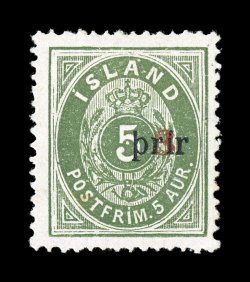 31a, 1897 3a on 5a Green, large type, perforated 14 x 13 12, the unique mint example being Icelands rarest mint stamp, marvelously fresh, deep rich color, well centered, full
o.g., small h.r., very fine the 3 prir surcharges, either in sm