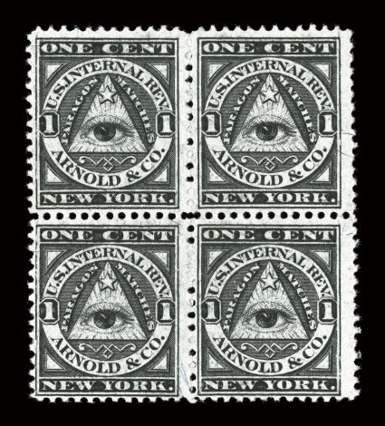 RO14b, Arnold & Co., 1c Black, silk paper, block of four, deep color, very fine and attractive.