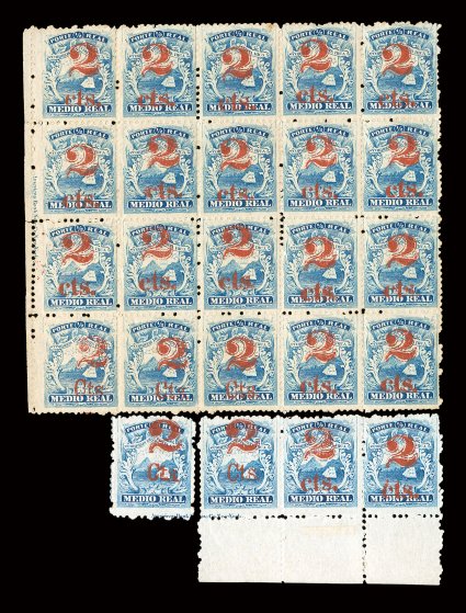 9 var., 1881 2 cts. Surcharge on 12r Blue, wrong font, five examples contained in a reconstructed block 24 ( block of twenty, strip of three and a single), with positions 16-18
and 21-22 from the block (positions 81-83, 92-93 on the sheet) ha