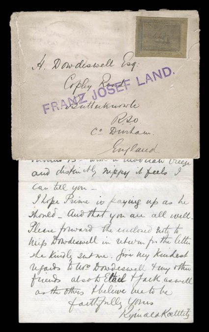 Franz Josef Land 1894-95 cover and original letter enclosure, letter written and autographed by Dr. Reginald Koettlitz, surgeon and botanist, while on board the S.Y. Windward
on August 25, 1894, and then further added to on April 6, 189