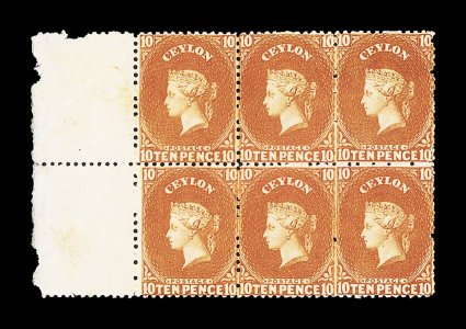 <10d. red-orange, a block of six (3x2) with sheet margin at left, fresh and fine unused with large part original gum. R.P.S. Certificate (2007). Sc. 56c S.G. 70b.