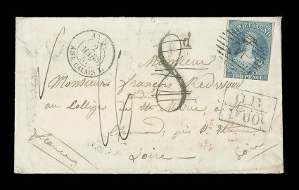 1856 (11 Oct.) envelope from Nelson to St. Chamond, Loire, bearing 2d. dull blue on blued paper with large margins in places showing traces of two adjoining stamps, clearly
cancelled 14 and showing Plymouth large 8d charge h.s. (deleted), m