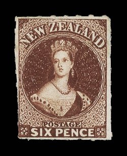 6d. red-brown, unused without gum, fresh vibrant color, roulettes clearly visible on all sides light ink endorsement on reverse. A most attractive example. R.P.S. Certificate
(2000). Sc. 14c S.G. 55, £3,000. provenance: I<Maurice Burrus,
