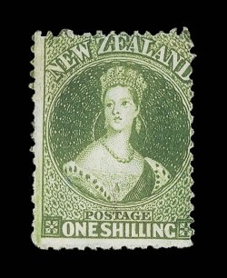 1- deep green, unused without gum, fresh deep bright color small light inconspicuous mark towards foot, otherwise fine. An attractive example of this exceptionally rare stamp
which must surely rate as one of the great rarities of 19th. Centur