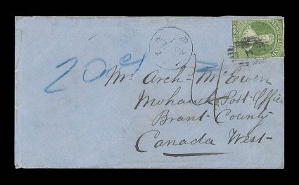 1867 (1 Apr.) envelope from Napier to Mohawk Post Office Brant County Canada West, bearing 1- green with margins nearly all round, placed sideways and cancelled 11, despatch
c.d.s. to left of adhesive and showing manuscript 4 and w