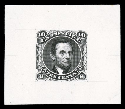 116-E1b, 10c Lincoln, unadopted design, incomplete large die essay in Black on India, mounted on card and measuring 44x38mm, incomplete design has a large unshaded collar and
lacks cross hatching in triangles between labels and faces, in additio