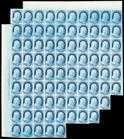 9, 1c Blue, Ty. IV, the unique unused block of 82 from the left pane of Plate One Late, nearly full top and left sheet margins showing the complete left imprint and plate No. 1
in sizable left sheet margin, positions 71L and 81L displaying