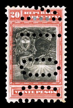 142a, 1899 20p Red and black, Center Inverted, a seldom seen example of this error, with perforated large letters Inutilizado (essentially canceling the stamp from use) as
always found, deep rich colors, o.g., minor h.r., fine.