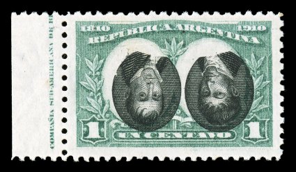 161a, 1910 1c Blue green and black, Center Inverted, choice left sheet-margin partial imprint single, wonderfully well centered especially compared to other existing examples,
strong colors, o.g., lightly hinged, very fine less than 50 examples