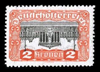 219a, 1919 2k Vermilion and black, Center Inverted, a brilliantly fresh and choice mint example of this rare and popular error, marvelously well centered and margined, bright
colors on crisp paper, o.g., lightly hinged, extremely fine an especi