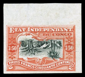 29 var., 1898 3.50fr Red and black, imperforate, Center Inverted, a handsome top right corner sheet-margin single of this rare variety which is unlisted in the major catalogs,
four large to huge margins, bright colors, large part o.g., minor nat