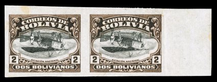 C6 var., 1924 2B Black brown and black air post, imperforate, Center Inverted, right sheet-margin horizontal pair, large to huge margins all around, deep luxuriant colors and
detailed impressions on fresh paper, o.g., never hinged, left stamp wi