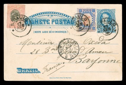 109a, 1891 100r Blue and red, Head Inverted, specialized group of four mint or unused examples, two used and three on individual covers, all collected for their shades and the
different perforation sizes found on the issue, the three usages on c