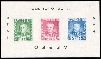 C73A, 1948 20c, 40c and 1.20r President Eurico Gasper Dutra souvenir sheet of three, with frame inscriptions inverted, without gum as issued, with control number 2106 on
reverse (which also happens to be inverted), fresh and very fine an extr
