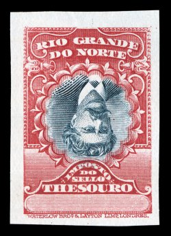 1912 Rio Grande do Norte Red and black revenue stamp, Center Inverted, printed by Waterlow & Sons, imperforate, without gum as are all known examples, four very large margins,
extremely fine very rare, only 12 copies are known according to t