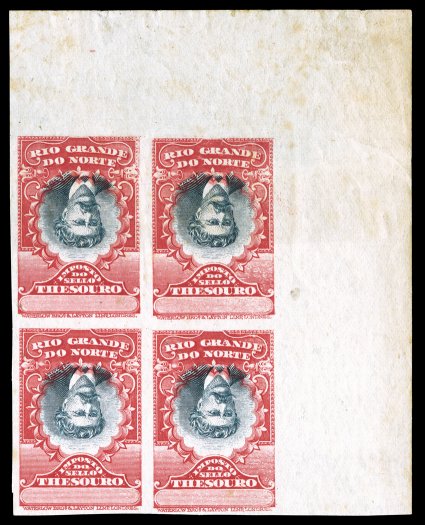 1912 Rio Grande do Norte Red and black revenue stamp, Center Inverted, as previous lot, printed by Waterlow & Sons, imperforate, without gum as are all known examples, an
impressive top right corner sheet-margin block of four, large margins, so