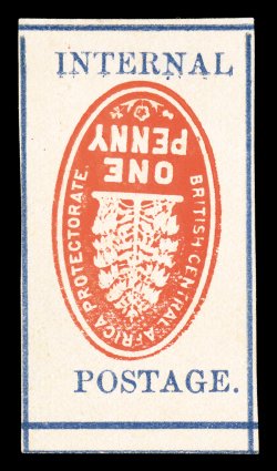 58i, 1898 1p Vermilion and blue Cheque Stamp, setting I, embossed Center Inverted, without gum as issued, position 6, a marvelous appearing example of this immensely rare
stamp, wonderfully bright and fresh, frame lines complete all around, ju