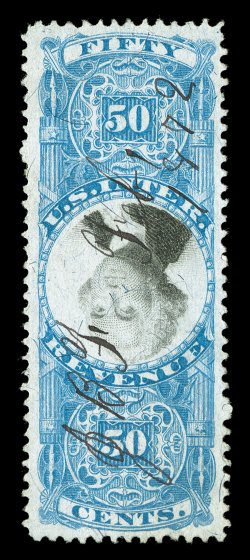 R115b, 50c Blue and black, Center Inverted, well centered, bright colors, neat 1872 ms. cancel, small tear at bottom and a tiny thin spot, very fine
appearance.