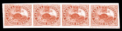 Unitrade 1P, 1851 3p Red, plate proof on card, gem horizontal strip of four, with huge margins all around, showing large portion of (Ra)wdon, Wright, Hatch & Edson, New York
imprint, which is inverted, beneath right pair, extremely fine an