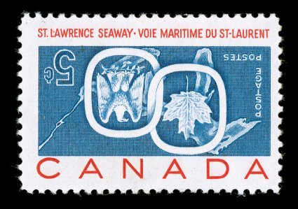 387a, 1959 5c St. Lawrence Seaway, Center Inverted, a handsome mint example of this popular and famous inverted center, well centered within large margins, rich colors on
bright paper, o.g., n.h. (just the slightest trace of a fingerprint in one