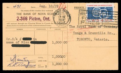 387a, 1959 5c St. Lawrence Seaway, Center Inverted, an exceptional quality example of this rarity, with large well balanced margins and strong fresh colors, tied to a Bank of
Nova Scotia voucher post card by two strikes (almost on top of one ano