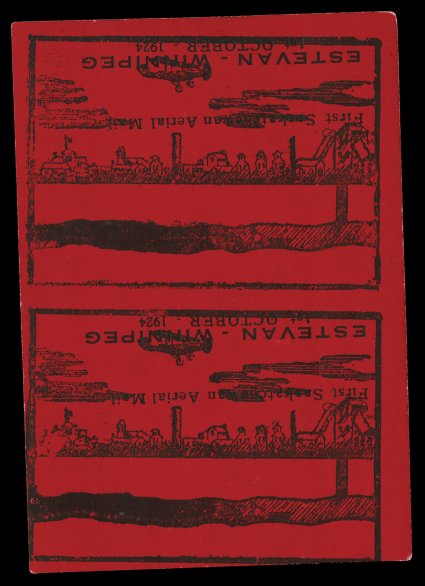 CLP5a, bc, 1924 ($1.00) Black on red, Estevan-Winnipeg air post semi-official, Inscriptions Inverted, Ty. I and II, a complete pane of two, each with inscriptions inverted,
the bottom stamp showing the Ty. II inscription with wide spacing betw
