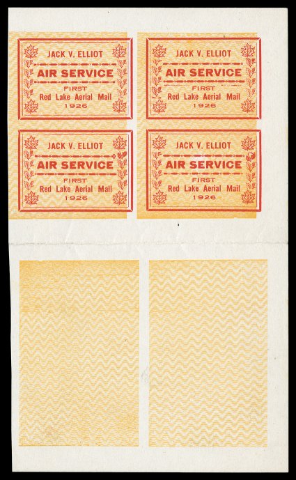Unitrade CL6P, 1926 (25c) red and yellow Jack V. Elliot Air Service, imperforate, tete-beche pair, bottom stamp only background of zigzag lines, two such pairs contained
within a sheet of eight, the top four stamps normal, while the bottom four