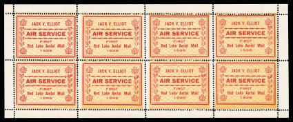 CL6, 1926 (25c) red and yellow Jack V. Elliot Air Service, background of zigzag lines, complete pane of eight, with positions 6 and 8 showing single inverted leaf, brilliantly
fresh, well centered, fresh colors, o.g., n.h., very fine quite