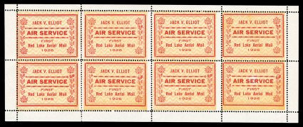 CL6, 1926 (25c) red and yellow Jack V. Elliot Air Service, background of zigzag lines, complete pane of eight, with positions 6 and 8 showing single inverted leaf, and
position 8 being the white spot variety, strong fresh colors, o.g., l