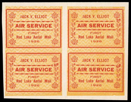 CL6a, 1926 (25c) red and yellow Jack V. Elliot Air Service, background of zigzag lines, imperforate, handsome block of four, positions 3-47-8, position 8 showing inverted
leaf, huge margins, o.g., n.h., one stamp with minute speck of gum di