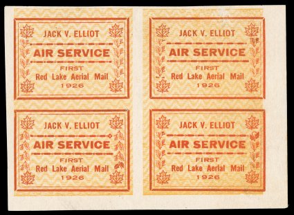 CL6a var., 1926 (25c) red and yellow Jack V. Elliot Air Service, background of zigzag lines, imperforate, block of four, positions 3-47-8, with position 7 showing all eight
leaves inverted, the only example of this inverted variety we have