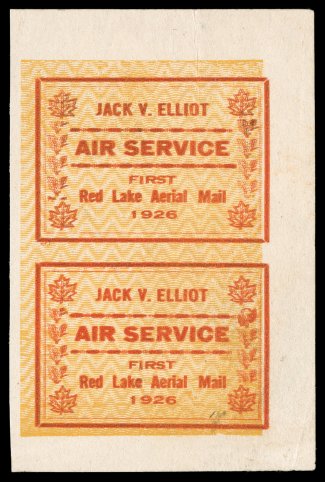 CL6d, 1926 (25c) red and yellow Jack V. Elliot Air Service, background of zigzag lines, imperforate, double impression of red printing, vertical pair, positions 4 and 8,
position 8 showing typical single inverted leaf, huge margins, o.g., li