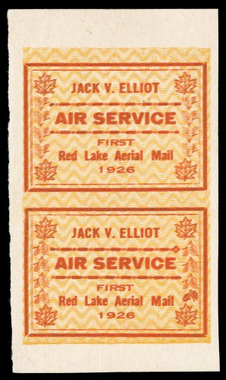CL6d var., 1926 (25c) red and yellow Jack V. Elliot Air Service, background of zigzag lines, imperforate, double impression of red printing, vertical pair, positions 4 and 8,
position 8 showing typical single inverted leaf, similar pair to t