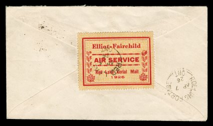 CL6-8, 1926 (25c) red and yellow Jack V. Elliot Air Service, and Elliot-Fairchild Air Service, collection of flown covers, a remarkable small specialized group of 16 covers
all bearing a single franking of these distinctive air post semi-officia
