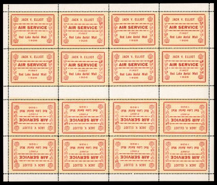 CL7, 1926 (25c) red and yellow Jack V. Elliot Air Service, background of swastikas, complete sheet of 16, being two panes of 8 positioned tete-beche to one another and
separated by a horizontal gutter, positions 6 and 8 in each pane showing sing