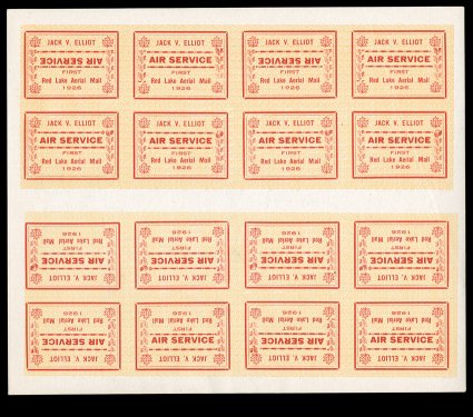 CL7a, b, d, 1926 (25c) red and yellow Jack V. Elliot Air Service, background of swastikas, imperforate, complete sheet of 16, being two panes of 8 positioned tete-beche to one
another and separated by a horizontal gutter, positions 6 and 8 in ea