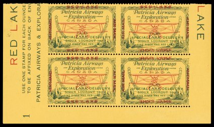 CL13 var., 1926 (25c) Green and red on yellow Patricia Airways and Exploration Co., with style one Red Lake overprint, horizontal pair, imperforate vertically, half-sheet of
four containing two error pairs, in addition each stamp with double