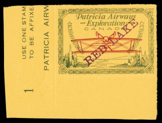 CL30q, 1926 (25c) Green and red on yellow Patricia Airways and Exploration Co., with Red Lake overprint type D in red (ascending), central Plane Inverted, an impressive bottom
left corner sheet-margin plate no. 1 single, extremely bright and f