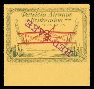 CL30r, 1926 (25c) Green and red on yellow Patricia Airways and Exploration Co., with Red Lake overprint type D in red, both the overprint and the central Plane Inverted,
choice bottom sheet-margin mint example, well centered, o.g., very fine