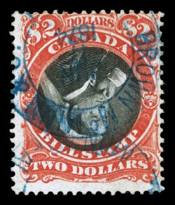 van Dam FB53a, 1868 $2.00 Third Bill revenue, Center Inverted, used, cancelled solely by a desirable blue handstamp cancel (dated 1874) and one of the few existing copies to
not have been cancelled in manuscript, centered a bit to top right, str