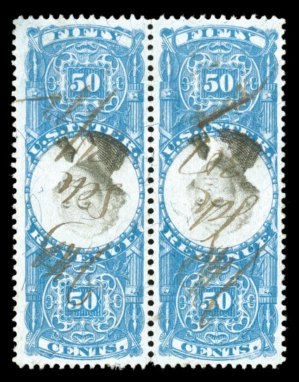 R115b, 50c Blue and black, Center Inverted, horizontal pair, unusually well centered, deep luxuriant colors, ms. cancel, both stamps with repaired punch cancel, very fine
appearance.