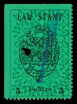 van Dam SL1-10, SL13-20, 1907 5c-$5.00 Saskatchewan Coat of Arms Law stamps, with scroll background inverted, an extremely scarce group consisting of ten different values of
the first printing to the $5.00, as well as the complete set of eight v
