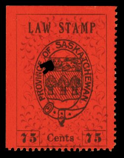 van Dam SL17a, 1907 Saskatchewan 75c Coat of Arms Law stamp, second printing, double impression of the black print, with scroll background inverted, an extraordinary double
error being position 1 from the sheet of 25 (the sole position where the